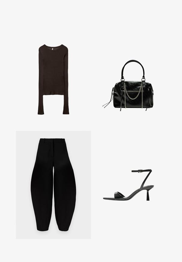 Langärmliges, tailliertes Oberteil aus dunkelbraunem Stoff. Runder Ausschnitt, glatte Textur und leicht verlängerte Ärmel ohne Bündchen.; Schwarze weit geschnittene Hose mit hoher Taille, gefaltetem Vorderteil und schmal zulaufenden Knöcheln. Hergestellt aus glattem Stoff mit matter Oberfläche.; Bershka High Heel Sandalette - black; Bershka WITH CHAIN - Handtasche - black