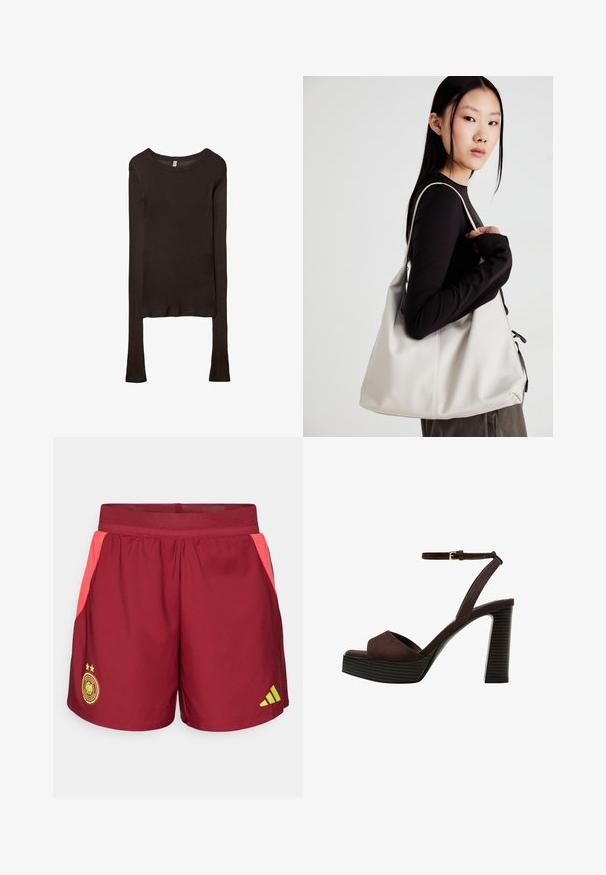 Langärmliges, tailliertes Oberteil aus dunkelbraunem Stoff. Runder Ausschnitt, glatte Textur und leicht verlängerte Ärmel ohne Bündchen.; Bordeauxrote Sportshorts mit rosa Netz-Einsätzen an den Seiten, elastischem Bund und gelbem Adidas-Logo. Verfügt über drei Sterne und ein rundes Emblem.; Braune Wildleder-Pumps mit offenem Zeh, verstellbarem Knöchelriemen und gestreiftem Plateausohlen.; Beige Handtasche aus weichem Material, mit einem lässigen Design, gesteppten Details und zwei Schulterriemen. Geeignet für den täglichen Gebrauch.