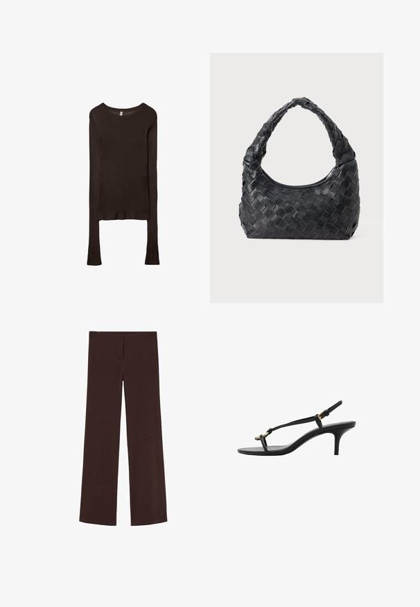 Pitkähiha, istuva paita tummanruskeasta kankaasta. Pyöreä pääntie, sileä pinta ja hieman pidennetyt hihat ilman hihansuita.; Ruskeat leveät housut venyvästä kankaasta. Niissä on sileä pinta ja yksinkertainen, siisti muotoilu ilman lisäkoristeluita.; Mustat nahkakengät, joissa on kissankorko, ohuet hihnat, kultainen solki ja minimalistinen varvaslenkki valkoisella taustalla.; Musta nahkainen kudottu olkalaukku, jossa on pyöreä kahva ja kuun muotoinen runko tasaisella taustalla.