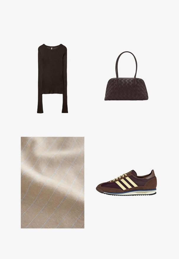 Dugi rukavi, uska majica izrađena od tamnosmeđeg materijala. Okrugli izrez, glatka tekstura i blago produženi rukavi bez manžeta.; Svijetlo bež tkanina s teksturiranim tkanjem, sa tankim plavim prugama koje se protežu vertikalno. Meka tekstura i blago naboran izgled.; Smeđi i burgundski teniski s uzorcima od antilopa i mrežastih materijala, s tri kremaste pruge, teksturiranim materijalom na jeziku i gumeni potplat.; Tkanna smeđa kožna torba za ruke zaobljenog oblika, s dvojim gornjim ručkama i glatkom teksturom; sadrži diskretne šavove kao detalj dizajna.