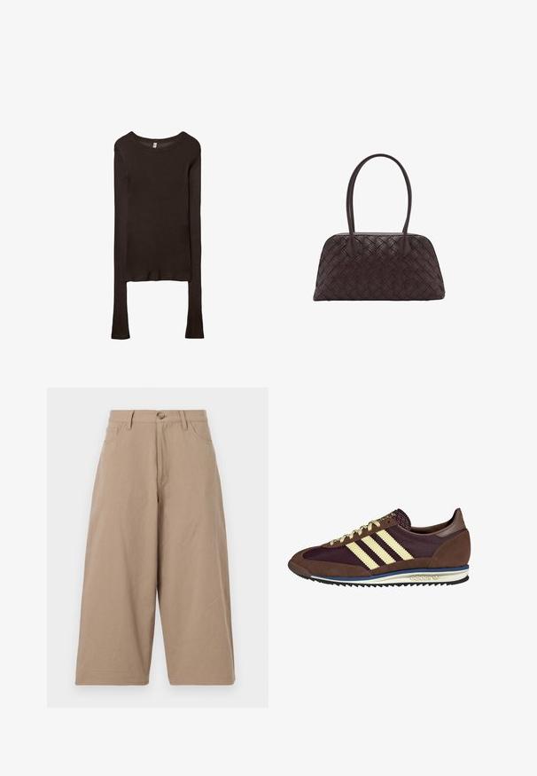 Dolga rukava, prilegajoča majica iz temno rjave tkanine. Okrogli izrez, gladka tekstura in nekoliko podaljšani rokavi brez manšet.; Bež široke hlače iz bombaža, z visokim pasom, sprednjimi žepek in enim gumbom za zapiranje. Gladka tekstura in ravna kroja.; Rjavi in rdeče-burgundske teniske iz usnja in mrežastega materiala, ki imajo tri smetane stripe, teksturirano blago na jeziku in gumijast podplat.; Tkanjena rjava usnjena torbica za ramo zaobljene oblike, z dvema zgornjima ročajema in gladko teksturo; vsebuje subtilno šivanje za oblikovalsko podrobnost.