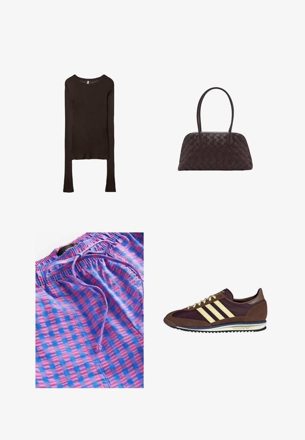 Långärmad, figurnära topp i mörkbrunt tyg. Rund halsringning, slät yta och något förlängda ärmar utan manschetter.; Next PULL ON GINGHAM - Tygbyxor - blue pink; Bruna och burgundy sneakers i mocka och mesh-material, med tre krämfärgade ränder, textil på tungan och en gummisula.; Vävd brun läderhandväska med rundad form, dubbla handtag på toppen och slät textur; har subtil sömnad för designdetaljer.