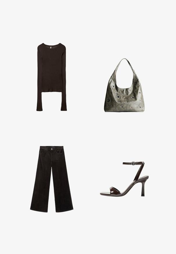 Dolga rukava, prilegajoča majica iz temno rjave tkanine. Okrogli izrez, gladka tekstura in nekoliko podaljšani rokavi brez manšet.; Črne široke hlače iz kordnega blaga z visokim pasom, sprednjimi žepi in teksturirano tkanino, z gumbom za zapiranje in zankami za pas.; Rjave visokosprti sandali iz pateniranega usnja z zaponko okoli gležnja, odprto konico in eleganten, minimalističen dizajn. Imajo kvadratno peto.; Olivnozeleni usnjeni ročni torbici z ohlapno obliko, ki ima različne velikosti okroglih izrezov in poudarke v temnejših in svetlejših odtenkih.