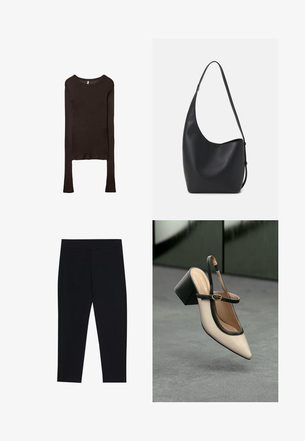 Długi rękaw, dopasowany top wykonany z ciemnobrązowego materiału. Okrągły dekolt, gładka tekstura i nieco wydłużone rękawy bez mankietów.; Czarne legginsy wykonane z elastycznego materiału, z elastyczną talią i gładką strukturą. Brak widocznych wzorów lub detali metalowych.; Beżowe buty typu slingback z ostrym noskiem, czarnym wykończeniem, złotą klamrą i grubym obcasem na szarym podłożu z ciemnozielonym tłem.; Czarna skórzana torba hobo o gładkiej fakturze, zaokrąglonym kształcie i pojedynczym, regulowanym pasku; posiada szerokie otwarcie na górze.