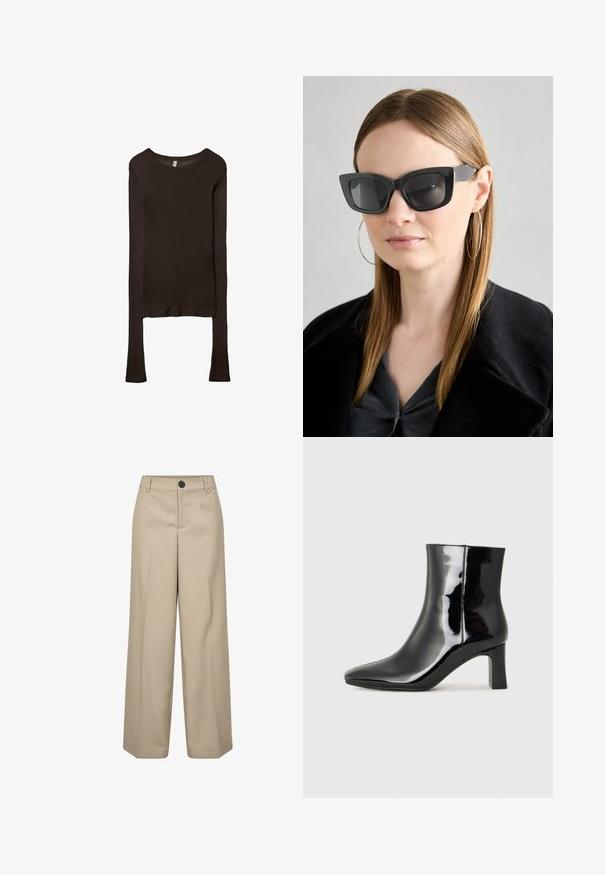 Dlouhý rukáv, přiléhavý top vyrobený z tmavě hnědé látky. Kulatý výstřih, hladká textura a mírně prodloužené rukávy bez manžet.; Béžové kalhoty se zvýšeným pasem a širokým střihem, s jedním předním knoflíkem, poutky na pás a sežehlenými záhyby. Hladká textura a řemeslně zpracovaný silueta.; Černé lakované kotníkové boty s špičatou špičkou a středně vysokým blokovým podpatkem. Hladká textura a minimalistický design.; Černé sluneční brýle ve stylu kočičího oka s tmavými skly, silnými rámy a jemnými detaily. Nosené s černým kabátem a šedým topem, s dlouhými rovnými vlasy.; Hnědá kožená taška se sbíraným vrškem a řetízkovým popruhem. Hladký povrch s lesklým finišem a jemným švem na bocích.