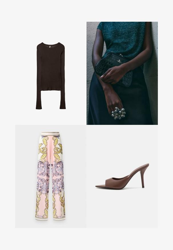 Haut ajusté à manches longues en tissu marron foncé. Encolure ronde, texture lisse et manches légèrement allongées sans poignets.; Pantalons larges en tissu léger présentant une palette de couleurs rose et blanche avec des motifs baroques ornés en jaune et bleu et des accents dorés.; Mules à talons hauts ouverts en cuir marron avec un design épuré, dotés d'une large sangle avant et d'un talon aiguille élancé.; Sac à main en cuir noir à motif crocodile avec des finitions en métal argenté, posé sur un fond texturé gris. Présente une surface brillante.