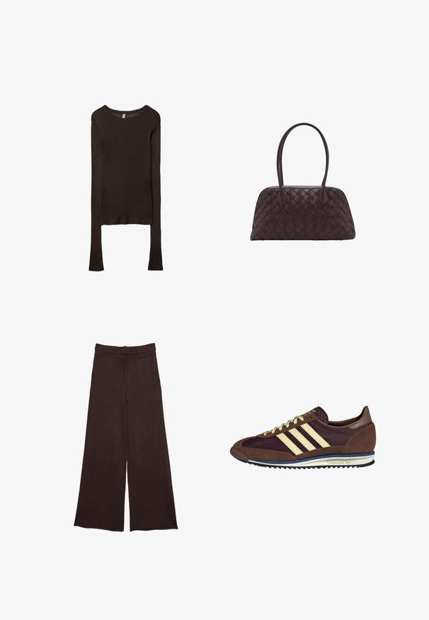Dlhý rukáv, priliehavý top vyrobený z tmavohnedého materiálu. Okrúhly výstrih, hladká textura a mierne predĺžené rukávy bez manžiet.; Hnedé nohavice s širokými nohavicami vyrobené z mäkkej tkaniny, s elastickým pásom a sťahovacou šnúrkou, s textúrovaným povrchom pre pridanie detailu.; Hnedé a bordové tenisky z semišu a sieťoviny, s tromi krémovými pruhmi, textúrovanou tkaninou na jazyku a gumovou podrážkou.; Tkaná hnedá kožená kabelka zaobleného tvaru, s dvojitými hornými uchami a hladkým povrchom; obsahuje jemné prešívanie pre dizajnový detail.