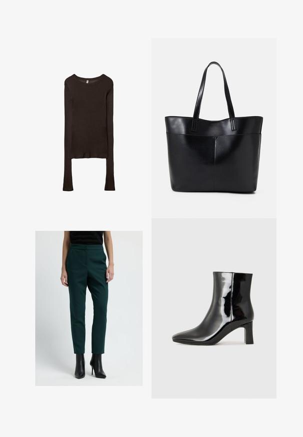 Maglietta aderente a maniche lunghe realizzata in tessuto marrone scuro. Collo rotondo, superficie liscia e maniche leggermente allungate senza polsini.; Pantaloni su misura verde scuro con vestibilità slim, realizzati in un tessuto liscio. Presentano un alto punto vita e tasche laterali, abbinati a stivali neri con tacco.; Stivaletto in pelle verniciata nera con punta a punta e tacco a blocco di altezza media. Texture liscia e design minimalista.; Borsa a tracolla in pelle nera con due manici lunghi, una texture liscia e una forma strutturata. Presenta una tasca frontale per ulteriore spazio di archiviazione.