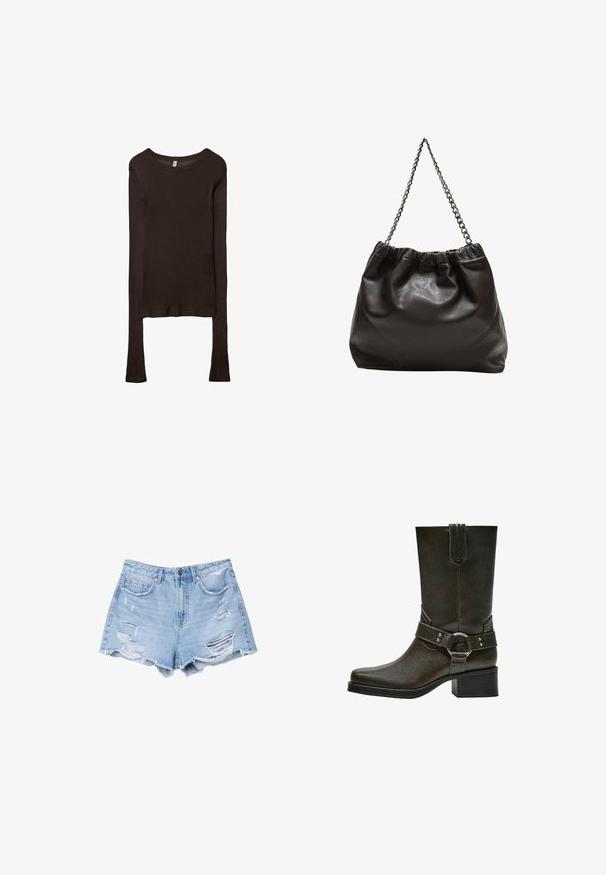 Långärmad, figurnära topp i mörkbrunt tyg. Rund halsringning, slät yta och något förlängda ärmar utan manschetter.; Ljust blå denimshorts med fransade kanter och slitna detaljer, med framfickor och knappstängning.; Brun läderankelsko med kvadratisk tå, kort blockklack och dekorativ spännesträpp med silverdetaljer. Slät textur, enkel design.; Brun läderväska med rynkad topp och kedjesnodd. Slät textur med en blankslipad yta och subtila sömdetaljer på sidorna.