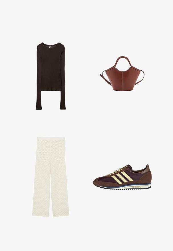 Langärmliges, tailliertes Oberteil aus dunkelbraunem Stoff. Runder Ausschnitt, glatte Textur und leicht verlängerte Ärmel ohne Bündchen.; Cremfarbene weite Hosen mit einem strukturierten, diamantartigen Stoff. Verfügt über einen glatten Bund und eine lockere, luftige Passform.; Braune und burgunderfarbene Sneaker aus Wildleder und Mesh-Materialien, mit drei cremefarbenen Streifen, strukturiertem Stoff an der Zunge und einer Gummisohle.; Braune Ledertasche mit konischer Form, robusten Trägern und kontrastierenden weißen Nähten. Verfügt über einen abnehmbaren Schultergurt für Vielseitigkeit.