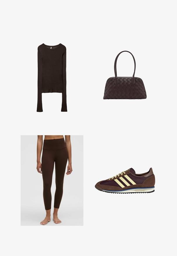 Dolga rukava, prilegajoča majica iz temno rjave tkanine. Okrogli izrez, gladka tekstura in nekoliko podaljšani rokavi brez manšet.; Rjave hlače visoko pasu z gladko teksturo, oprijetim krojem in dolžino do gležnjev. Brez vidnih vzorcev ali kovinskih podrobnosti.; Rjavi in rdeče-burgundske teniske iz usnja in mrežastega materiala, ki imajo tri smetane stripe, teksturirano blago na jeziku in gumijast podplat.; Tkanjena rjava usnjena torbica za ramo zaobljene oblike, z dvema zgornjima ročajema in gladko teksturo; vsebuje subtilno šivanje za oblikovalsko podrobnost.
