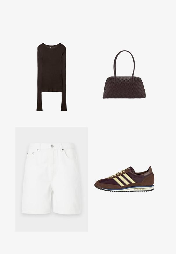 Haut ajusté à manches longues en tissu marron foncé. Encolure ronde, texture lisse et manches légèrement allongées sans poignets.; Shorts en denim blanc à coupe droite, avec poches avant et fermeture à bouton. Le tissu a une texture lisse et sans motifs visibles.; Baskets marron et bordeaux avec des matériaux en daim et en maille, présentant trois rayures crème, un tissu texturé sur la languette et une semelle en caoutchouc.; Sac à main en cuir tissé marron avec une forme arrondie, deux poignées supérieures, et une texture lisse ; présente des coutures discrètes pour le détail du design.