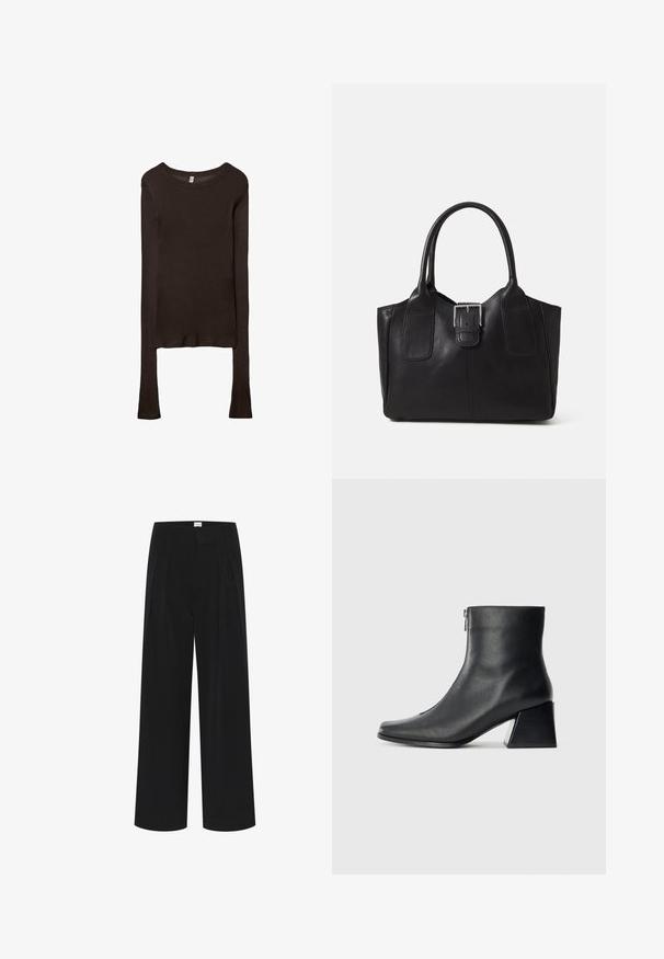 Langärmliges, tailliertes Oberteil aus dunkelbraunem Stoff. Runder Ausschnitt, glatte Textur und leicht verlängerte Ärmel ohne Bündchen.; Schwarze weite Hosen mit hoher Taille, Falten und einer glatten Textur. Minimalistisches Design ohne sichtbare Muster oder Beschläge.; Schwarze Lederstiefelette mit quadrater Zehenform, seitlichem Reißverschluss und Blockabsatz vor einem schlichten hellen Hintergrund.; Schwarze Leder-Tote mit glatter Textur, strukturiertem Design, zwei Griffen und einem auffälligen silbernen Schnallen-Detail auf der Vorderseite.