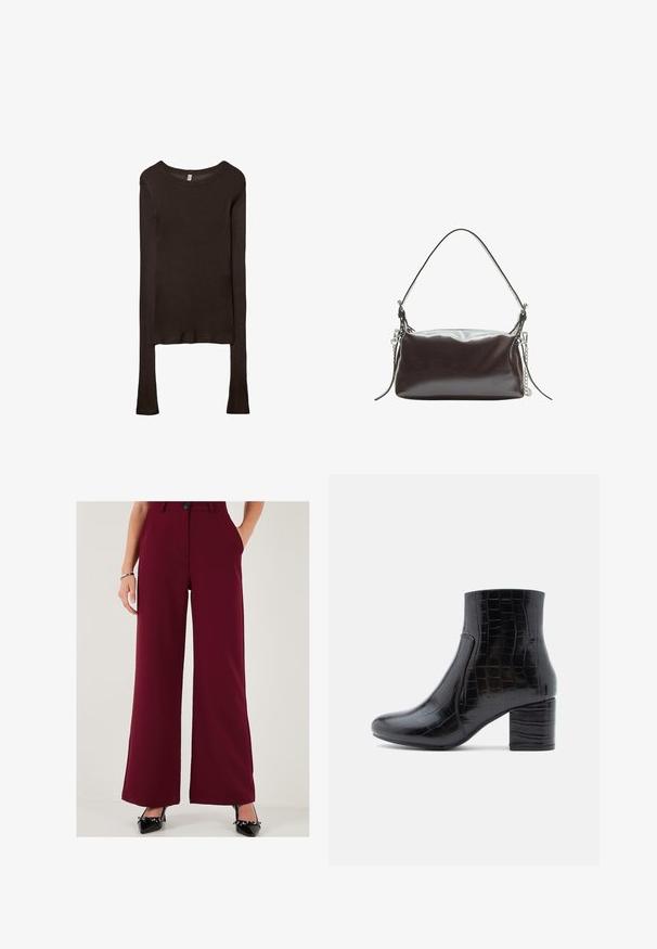 Langärmliges, tailliertes Oberteil aus dunkelbraunem Stoff. Runder Ausschnitt, glatte Textur und leicht verlängerte Ärmel ohne Bündchen.; Burgunderfarbene, weit geschnittene Hose aus glattem Stoff mit hoher Taille, vorne mit Knopfverschluss und seitlichen Taschen. Kombiniert mit schwarzen Hochhackigen.; Schwarzer Knöchel-Stiefel aus glänzendem, krokodilgeprägtem Leder. Mit abgerundetem Zehenbereich und klobigem Blockabsatz. Glatte Textur und elegantes Design.; Braune Lacklederhandtasche mit einer strukturierten rechteckigen Form, einem einzelnen Griff und einem silbernen Kettenakzent auf einer Seite.