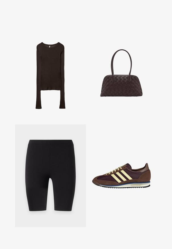 Dolga rukava, prilegajoča majica iz temno rjave tkanine. Okrogli izrez, gladka tekstura in nekoliko podaljšani rokavi brez manšet.; Črne legice do kolen iz elastičnega materiala. Imajo gladko teksturo in širok elastičen pas za udobje in prileganje.; Rjavi in rdeče-burgundske teniske iz usnja in mrežastega materiala, ki imajo tri smetane stripe, teksturirano blago na jeziku in gumijast podplat.; Tkanjena rjava usnjena torbica za ramo zaobljene oblike, z dvema zgornjima ročajema in gladko teksturo; vsebuje subtilno šivanje za oblikovalsko podrobnost.
