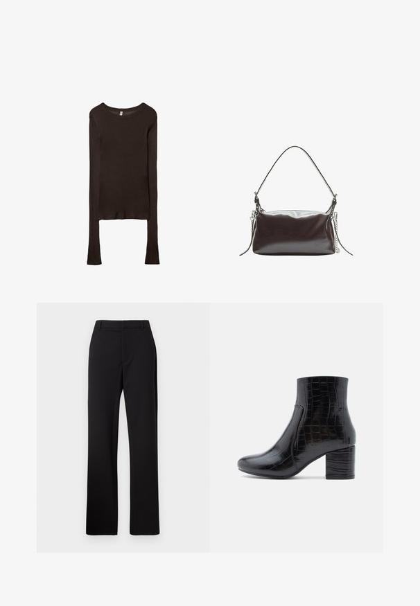 Dlouhý rukáv, přiléhavý top vyrobený z tmavě hnědé látky. Kulatý výstřih, hladká textura a mírně prodloužené rukávy bez manžet.; Černé kalhoty na míru, rovného střihu, hladká tkanina s jemnou strukturou, standardní pás a žádné viditelné kapsy.; Černá kotníková bota z lesklé kůže s krokodýlím vzorem. Má zaoblenou špičku a robustní blokový podpatek. Hladká textura a elegantní design.; Hnědá lakovaná kožená kabelka se strukturovaným obdélníkovým tvarem, jedním uchem a stříbrným řetízkovým akcentem na jedné straně.
