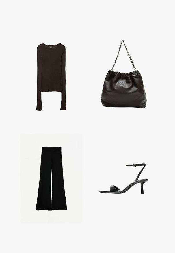 Langærmet, tætsiddende top lavet af mørkebrun stof. Rund halsudskæring, glat tekstur og let forlængede ærmer uden manchetter.; Sorte flagrende bukser med bred ben-design, der har en glat tekstur og en høj talje. Fremstillet af strækbart stof for komfort.; Bershka Højhælede sandaletter / Højhælede sandaler - black; Brun lædertaske med en rynket top og en kædestrop. Glat tekstur med en blank finish og subtile sømdetaljer på siderne.