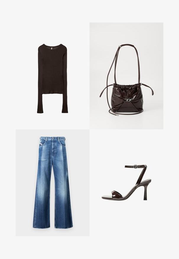 Dugi rukavi, uska majica izrađena od tamnosmeđeg materijala. Okrugli izrez, glatka tekstura i blago produženi rukavi bez manžeta.; Široke plave traperice s izblijedjelim završetkom. Imaju pet džepova, dugme s patentnim zatvaračem i kontrastne vertikalne panele.; Smeđi lakirani kožni sandali s visokim potpeticama, remenom oko članka, otvorenim prstima i elegantnim, minimalističkim dizajnom. Imaju kvadratnu potpeticu.; Tamnosmeđa sjajna kožna torba za rame s nabranim gornjim dijelom i tankim podesivim remenom, s malim detaljem kopče u srebrnoj boji na prednjoj strani.