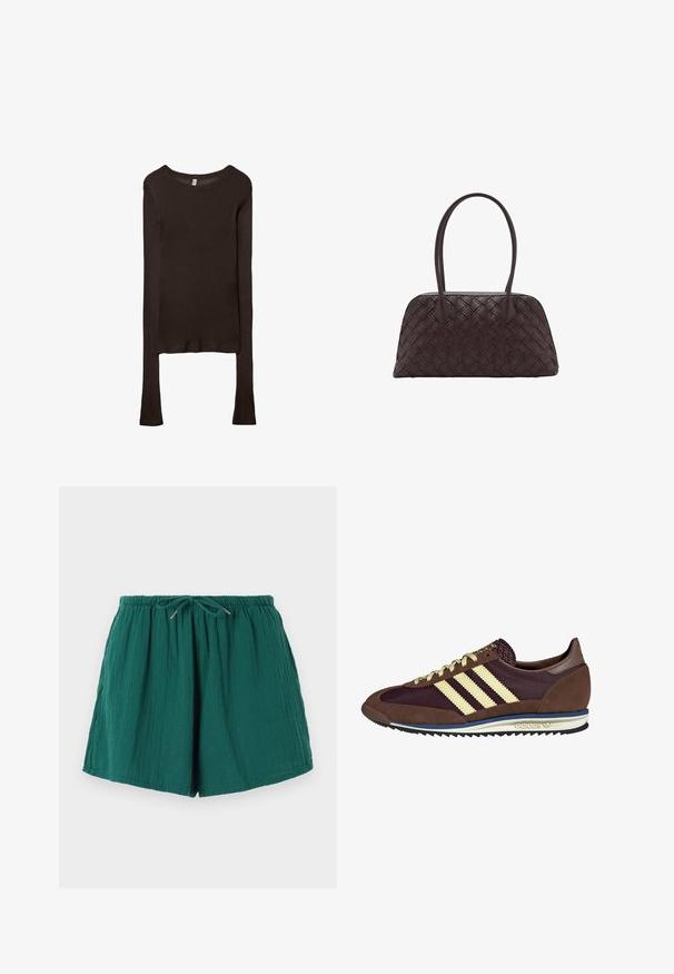 Pitkähiha, istuva paita tummanruskeasta kankaasta. Pyöreä pääntie, sileä pinta ja hieman pidennetyt hihat ilman hihansuita.; Vihreät, kevyet shortsit, joissa on joustava vyötärö ja naru. Teksturoitu kangas, joka näyttää pehmeältä ja rypistyneeltä.; Ruskea ja burgundin värinen lenkkari, jossa on yksityiskohtina mokkaa ja verkkomateriaalia, kolmea kermaista raitaa, tekstuuripinta kielekkeessä ja kumipohja.; Kudotusta ruskeasta nahasta valmistettu käsilaukku, jossa on pyöreä muoto, kaksinkertaiset yläkahvat ja sileä pinta; sisältää hienovaraisia ompelukuvioita suunnittelun yksityiskohtana.