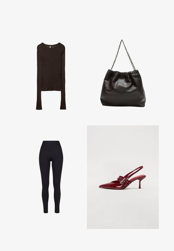 Długi rękaw, dopasowany top wykonany z ciemnobrązowego materiału. Okrągły dekolt, gładka tekstura i nieco wydłużone rękawy bez mankietów.; Czarne legginsy z wysokim stanem, wykonane z elastycznego materiału, o gładkiej teksturze i dopasowanym kroju, bez widocznych szwów lub wzorów.; Czerwone lakierowane czółenka na klocku z zaokrąglonym noskiem, dwoma paskami z klamrami oraz smukłym, średniej wysokości obcasem w stylu stiletto. Gładka tekstura.; Brązowa skórzana torba z marszczonym szczytem i łańcuszkowym paskiem. Gładka tekstura z błyszczącym wykończeniem i subtelnymi detalami szwów po bokach.