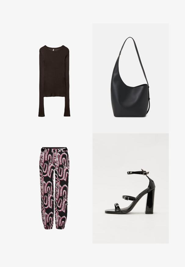 Dlouhý rukáv, přiléhavý top vyrobený z tmavě hnědé látky. Kulatý výstřih, hladká textura a mírně prodloužené rukávy bez manžet.; Černé kalhoty s odvážným růžovým a stříbrným grafickým vzorem. Vyrobené z lehkého materiálu, s elastickými manžetami a přiléhavým pasem.; Černé lakované sandály na podpatku se čtveratou špičkou, lýtkovými pásky a stříbrnými přezkami. Disponují masivním blokovým podpatkem pro stabilitu.; Černá kožená hobo taška s hladkým povrchem, zakřiveným tvarem a jedním nastavitelným popruhem; má široké otevírání nahoře.