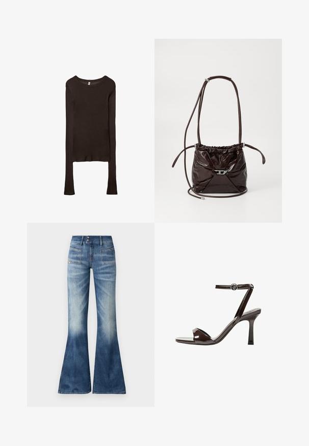 Dolga rukava, prilegajoča majica iz temno rjave tkanine. Okrogli izrez, gladka tekstura in nekoliko podaljšani rokavi brez manšet.; Razširjene modre kavbojke z gradientom od svetle do temne barve, dva sprednja žepa in gumbasto zapiranje. Imajo minimalno šivanje in gladko teksturo.; Rjave visokosprti sandali iz pateniranega usnja z zaponko okoli gležnja, odprto konico in eleganten, minimalističen dizajn. Imajo kvadratno peto.; Temno rjava sijoča usnjena torba čez ramo z nabiranim zgornjim delom in tankim nastavljivim trakom, ki je na sprednji strani opremljena z majhno kovinsko zaporo srebrne barve.