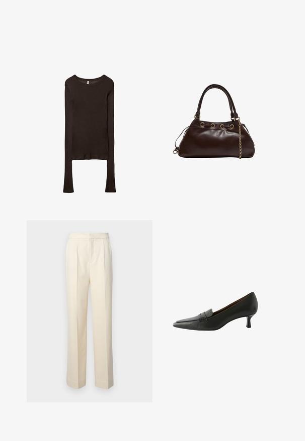 Dlhý rukáv, priliehavý top vyrobený z tmavohnedého materiálu. Okrúhly výstrih, hladká textura a mierne predĺžené rukávy bez manžiet.; Zladené krémové nohavice so rovnými nohavicami, prednými pregami a hladkým povrchom. Pás je plochý a bez ozdôb.; Čierna kožená heeled topánka s špicatou špičkou a dekoračným pásikom. Obsahuje nízky stiletto podpätok a hladký povrch.; Tmavohnedá kožená kabelka s hladkým povrchom, s pevnou štruktúrou, zlatým kovovým doplnkom a dvojitými uchami s reťazovým detailom.