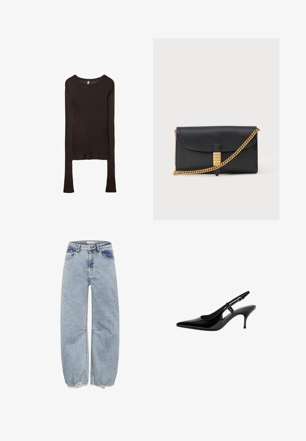 Långärmad, figurnära topp i mörkbrunt tyg. Rund halsringning, slät yta och något förlängda ärmar utan manschetter.; Ljusblå denimjeans med en avslappnad passform, som har fransade fållar och korsstygnsdetaljer för ökad textur och designintresse.; Svart lackläder slingback-pump med spetsig tå, öppna sidoutskärningar, smal klack och justerbart ankelsnöre.; Svart läderkuvert med en vikbar klaff, guldkedjesträng, och en dekorativ guldförzlaring med upphöjda bokstäver, slät yta.