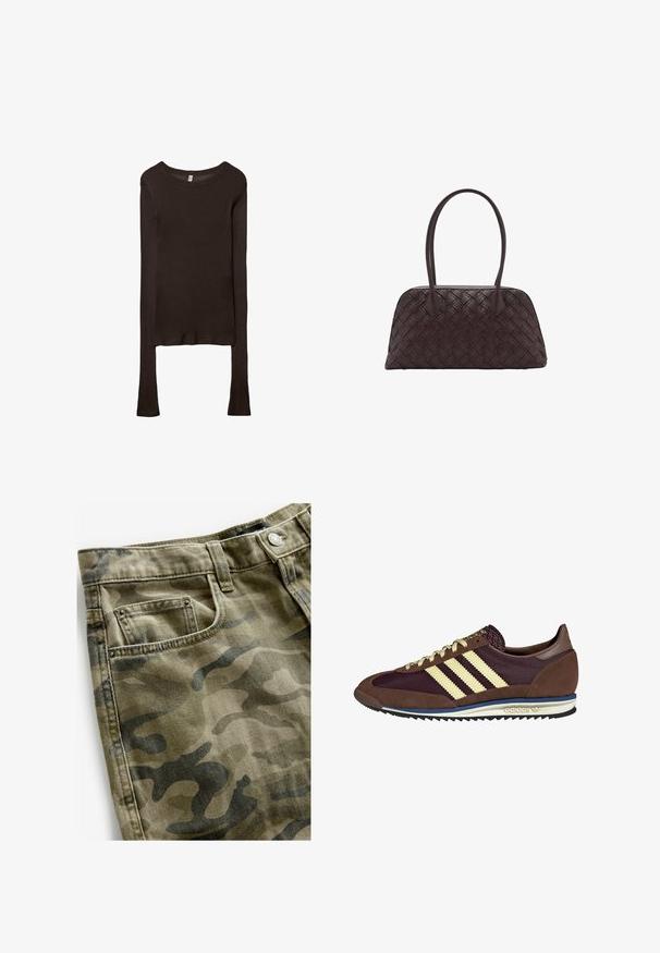 Langärmliges, tailliertes Oberteil aus dunkelbraunem Stoff. Runder Ausschnitt, glatte Textur und leicht verlängerte Ärmel ohne Bündchen.; Next Jeans Shorts - camo print; Braune und burgunderfarbene Sneaker aus Wildleder und Mesh-Materialien, mit drei cremefarbenen Streifen, strukturiertem Stoff an der Zunge und einer Gummisohle.; Geflochtene braune Ledertasche mit runder Form, doppeltem oberen Griff und glatter Textur; verfügt über subtile Nähte als Designdetail.