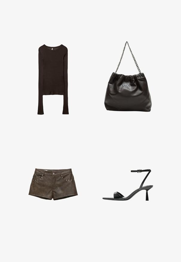 Maglietta aderente a maniche lunghe realizzata in tessuto marrone scuro. Collo rotondo, superficie liscia e maniche leggermente allungate senza polsini.; Pantaloni corto in finta pelle marrone con una texture liscia, caratterizzati da borchie argentate sulle tasche frontali e chiusura con bottone.; Bershka Sandali con tacco - black; Borsa in pelle marrone con parte superiore arricciata e tracolla a catena. Texture liscia con finitura lucida e dettagli di cucitura sottili sui lati.