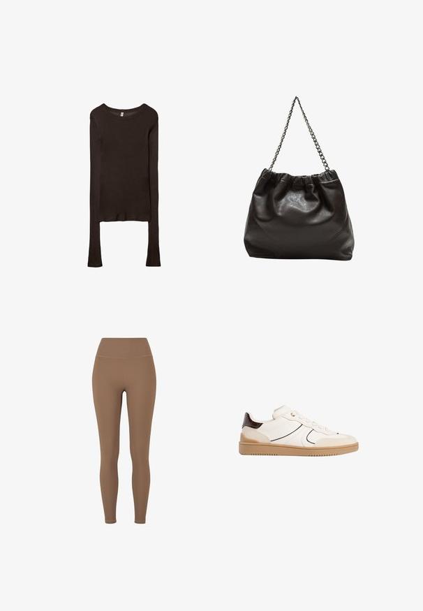 Dlouhý rukáv, přiléhavý top vyrobený z tmavě hnědé látky. Kulatý výstřih, hladká textura a mírně prodloužené rukávy bez manžet.; Hnědé, vroubkované legíny s vysokým pasem. Tkanina vypadá elasticky a hladce, má minimální švy a žádné viditelné vzory.; Stradivarius Tenisky - white; Hnědá kožená taška se sbíraným vrškem a řetízkovým popruhem. Hladký povrch s lesklým finišem a jemným švem na bocích.