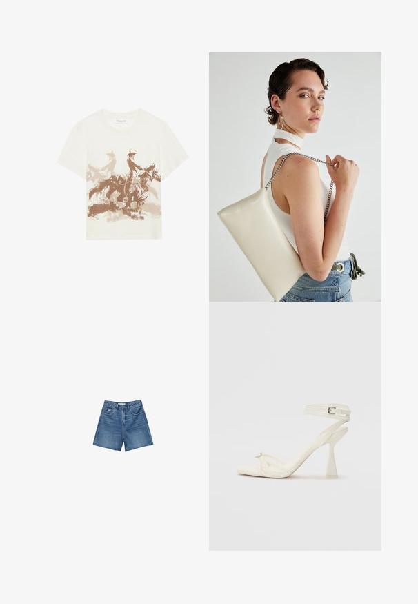 Svijetlo bež pamučna majica s smešnim grafičkim printom dvojice jahača u pokretu. Okrugli izrez i kratki rukavi.; Traper šortsevi u srednje plavom pranju, s klasičnim dizajnom s pet džepova, petljama za remen i zatvaranjem na patentni zatvarač s gumbom.; Bijela kožna sandala na visokom potpetici s trakama, elegantnog dizajna, s prozirnom blok potpeticom i dekorativnim elementom na prstima.; Bijela pravokutna torbica s kopčanjem, izrađena od sjajnog materijala, s srebrnim lančićem. Model pozira, prikazujući torbicu na jednostavnoj pozadini.