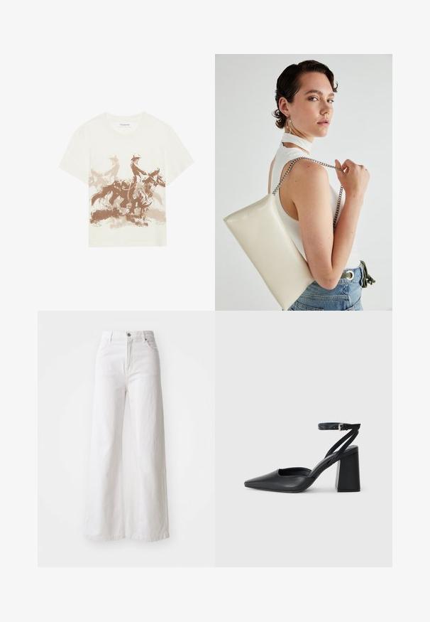 Helebeežist puuvillane T-särk, millel on pruun graafikaprint kahest liikumises ratsutajast. Ringkaelus ja lühikeste varrukatega.; Valged laiad jeanid, mis on valmistatud denimist, kõrge vöökoht, esine nuppudega sulgemine ja küljetaskud. Tekstuuriga kangas koos nähtavate õmblustega.; Mustmustest must-käigukingad, millel on konksuga nöör ja paks konts. Ühtlane tekstuur, stiilne disain ja minimalistlik esteetika.; Valge ristkülikuline kotti, mis on valmistatud läikivast materjalist, hõbedase ahelsangaga. Mudel poseerib, tutvustades kotti ühtlase taustaga.
