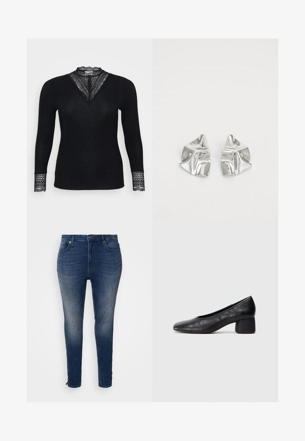 Melns garu piedurkņu tops ar ribu tekstūru, ar mežģīņu akcentiem ap kakla izgriezumu un piedurknēm, un V formas izgriezuma dizainu.; Tumši zili džinsi ar piegulošu dizainu, piecām kabatām, kontrastējošiem diegiem un ar rāvējslēdzēja detaļu ap potītēm.; Melna ādas kurpe ar noapaļotu purngalu un vidēja izmēra blokkāju. Gluda tekstūra ar minimāliem dekoriem, ar delikātu elastīgu atveri.; Sudraba metāla auskari ar viļņainu, skulpturālu dizainu, kas izceļas ar pulētu apdari un neregulārām formām, uzsverot mūsdienīgu estētiku.