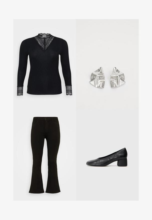 Bluza neagră cu mâneci lungi, dintr-un material texturat cu riburi, având accente din dantelă la decolteu și la mansetele mânecilor, cu un design în formă de V al decolteului.; Jeans negri evazați, din material de bumbac, cu închidere prin buton, cinci buzunare și o textură netedă. Croială ajustată cu o siluetă evazată.; Pantofii din piele neagră au un vârf rotund și un toc de tip bloc de înălțime medie. Au o textură netedă, cu detalii minime, având o deschidere elastică subtilă.; Cercei din metal argintiu cu un design sculptural ondulat, prezentând o finisare lucioasă și forme neregulate, evidențiind o estetică contemporană.