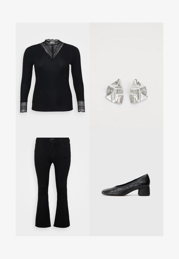 Crni dugi rukav majica s rebrastom teksturom, s čipkastim detaljima na izrezu i manžetama, te V-izrezom.; Crne trapezice od denima, s preklopom na gumb, pet džepova i glatkom teksturom. Klasičan dizajn s trapezastim rubom.; Crna kožna pumpica s okruglim vrhom i srednje blok petom. Glatka tekstura s minimalnim detaljima, s suptilnim elastičnim otvaranjem.; Srebrne metalne naušnice s valovitim, skulpturalnim dizajnom, naglašenim sjajnom završnom obradom i nepravilnim oblicima, što ističe suvremeni estetski izraz.