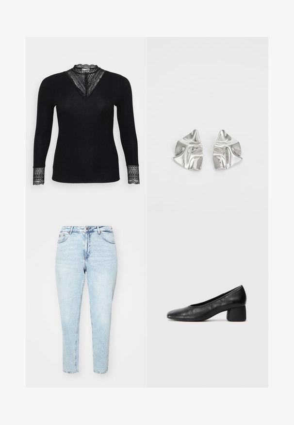 Mustassa pitkähihaisessa paidassa on ribbitekstuuri, jossa on pitsikoristeita kaula-aukossa ja hihan päädyissä, sekä V-muotoinen kaula-aukko.; Vaaleansinisiä farkkuja, joissa on korkea vyötärö, kapenevat lahkeet ja raakahelma. Ominaisuuksiin kuuluu klassinen viisi-taskuinen muotoilu ja metallinen nappisulku.; Mustat nahka avokkaat, joissa on pyöristetty kärki ja keskipitkä lohko korko. Sileä pinta, jossa on minimaalinen yksityiskohtaisuus, ja siinä on hillitty elastinen aukko.; Hopeakauppaketju, jossa on aaltoileva, veistoksellinen muotoilu ja kiiltävä pinta, esittelee epäsäännöllisiä muotoja, korostaen nykyaikaista estetiikkaa.