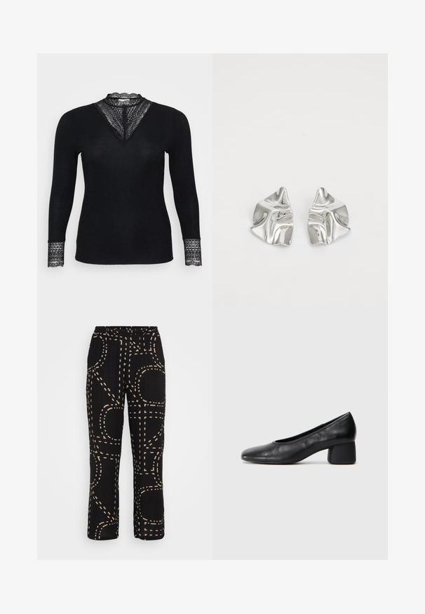Fekete, hosszú ujjú felső bordázott textúrával, csipke díszítéssel a nyakkivágásnál és az ujjak mandzsettáján, V-alakú nyakkivágással.; Fekete, laza szabású nadrág, krémszínű, különböző formájú, szaggatott mintával. Az derékpánt kényelmes, rugalmas.; Fekete bőr magassarkú cipő, lekerekített orral és közepes blokk sarkú. Simább textúrájú, minimális díszítéssel, finom elasztikus nyílással.; Ezüst fém fülbevalók hullámos, szobrászati kialakítással, fényes felülettel és szabálytalan formákkal, amelyek a kortárs esztétikát hangsúlyozzák.
