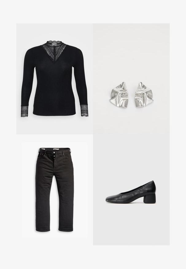 Bluza neagră cu mâneci lungi, dintr-un material texturat cu riburi, având accente din dantelă la decolteu și la mansetele mânecilor, cu un design în formă de V al decolteului.; Blugi din denim negru cu un design pe picior drept, cu închidere cu nasture, cinci buzunare și detalii de cusătură discrete. Textură netedă.; Pantofii din piele neagră au un vârf rotund și un toc de tip bloc de înălțime medie. Au o textură netedă, cu detalii minime, având o deschidere elastică subtilă.; Cercei din metal argintiu cu un design sculptural ondulat, prezentând o finisare lucioasă și forme neregulate, evidențiind o estetică contemporană.
