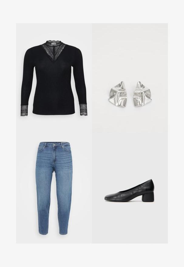 Bluza neagră cu mâneci lungi, dintr-un material texturat cu riburi, având accente din dantelă la decolteu și la mansetele mânecilor, cu un design în formă de V al decolteului.; Blugi din denim de un albastru deschis cu un design drept, dotate cu o închidere cu nasture, cinci buzunare și detalii subțiri de cusătură orizontală.; Pantofii din piele neagră au un vârf rotund și un toc de tip bloc de înălțime medie. Au o textură netedă, cu detalii minime, având o deschidere elastică subtilă.; Cercei din metal argintiu cu un design sculptural ondulat, prezentând o finisare lucioasă și forme neregulate, evidențiind o estetică contemporană.
