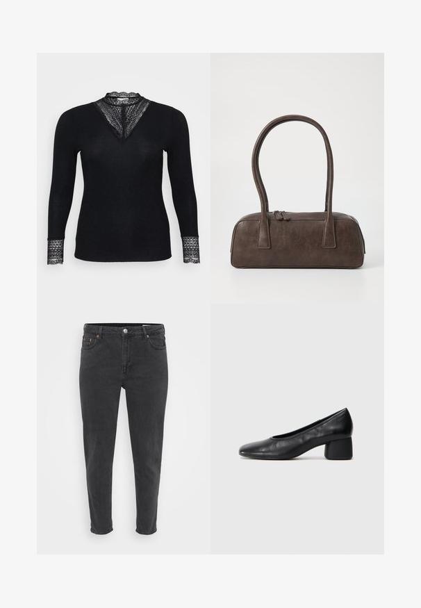 Camisola preta de mangas compridas com uma textura canelada, apresentando detalhes de renda no decote e nos punhos das mangas, além de um design de decote em V.; Jeans de ganga pretos slim-fit com botão frontal e fecho de correr, passantes para cinto e cinco bolsos, apresentados sobre um fundo claro e liso.; Sapato de salto preto em couro com bico arredondado e salto médio bloco. Textura suave com detalhes mínimos, apresentando uma abertura elástica discreta.; Bolsa de couro castanho com duas alças robustas, formato retangular, textura lisa e fecho de zíper. Design minimalista sem padrões visíveis.; Brincos de metal prateado com um design ondulante e escultural, apresentando um acabamento polido e formas irregulares, destacando uma estética contemporânea.