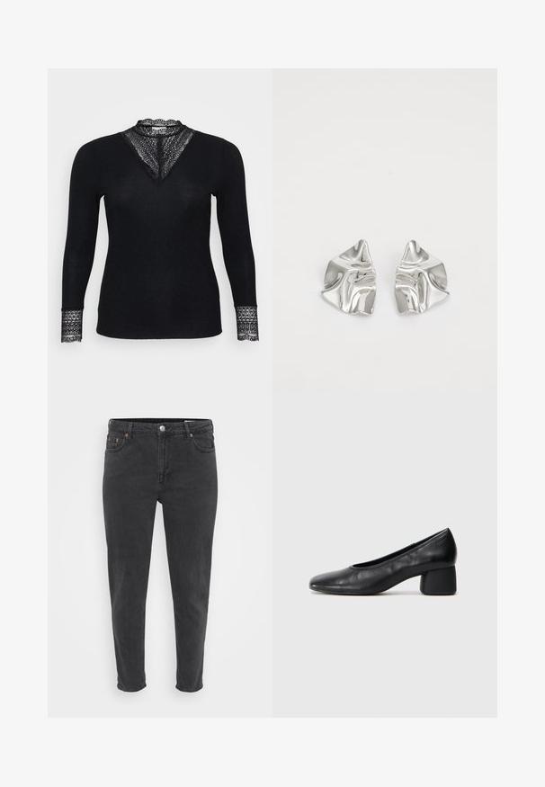 Black long-sleeve top with a ribbed texture, featuring lace accents at the neckline and sleeve cuffs, and a V-shaped neckline design.; Slim-fit black denim jeans with front button and zip, belt loops, and five pockets, shown on a plain light background.; Black leather pump with a rounded toe and mid-block heel. Smooth texture with minimal detailing, featuring a subtle elastic opening.; Silver metal earrings with a wavy, sculptural design featuring a polished finish and irregular shapes, highlighting a contemporary aesthetic.
