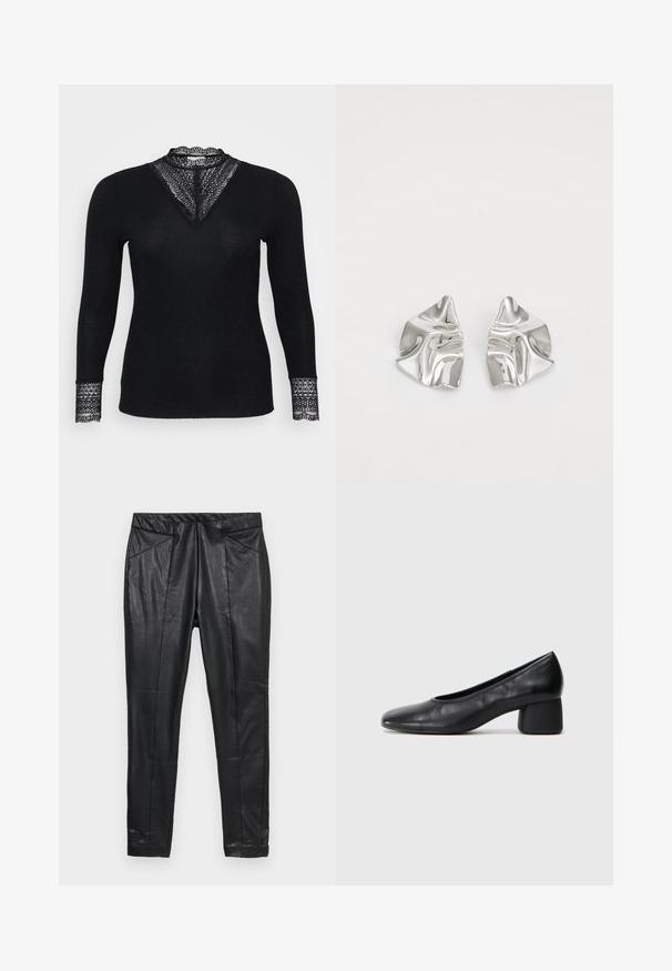 Melns garu piedurkņu tops ar ribu tekstūru, ar mežģīņu akcentiem ap kakla izgriezumu un piedurknēm, un V formas izgriezuma dizainu.; Melni ādas bikses ar slim fit piegriezumu, kurām ir elastīga josta un divas priekšējās kabatas ar šūtiem rakstiem. Gluda, teksturēta apdare.; Melna ādas kurpe ar noapaļotu purngalu un vidēja izmēra blokkāju. Gluda tekstūra ar minimāliem dekoriem, ar delikātu elastīgu atveri.; Sudraba metāla auskari ar viļņainu, skulpturālu dizainu, kas izceļas ar pulētu apdari un neregulārām formām, uzsverot mūsdienīgu estētiku.