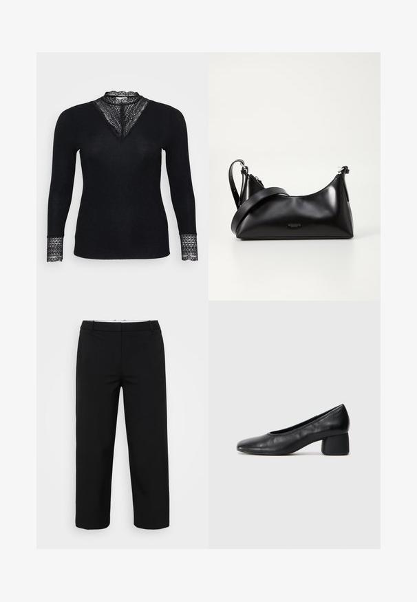 Svart langermet topp med ribbet tekstur, med blonderdetaljer ved halslinjen og ermekantene, samt en V-formet halsdesign.; Svarte bukser med rett snitt, med en glatt tekstur, to sidelommer og en midje med løkker. Ingen synlige lukking.; Sorte lærpumps med rund tå og mellomstor blokkhæl. Glatt tekstur med minimalt med detaljer, og har en subtil elastisk åpning.; Svart skinnveske med en glatt tekstur. Har en justerbar stropp og et strømlinjeformet, minimalistisk design med glidelås.