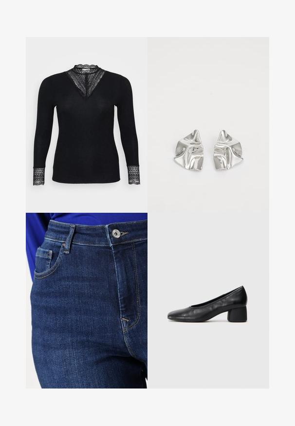 Camisola preta de mangas compridas com uma textura canelada, apresentando detalhes de renda no decote e nos punhos das mangas, além de um design de decote em V.; Calças de ganga em um tom azul escuro com um design clássico de cinco bolsos, apresentando costuras claras em contraste e um fecho frontal com botão.; Sapato de salto preto em couro com bico arredondado e salto médio bloco. Textura suave com detalhes mínimos, apresentando uma abertura elástica discreta.; Brincos de metal prateado com um design ondulante e escultural, apresentando um acabamento polido e formas irregulares, destacando uma estética contemporânea.