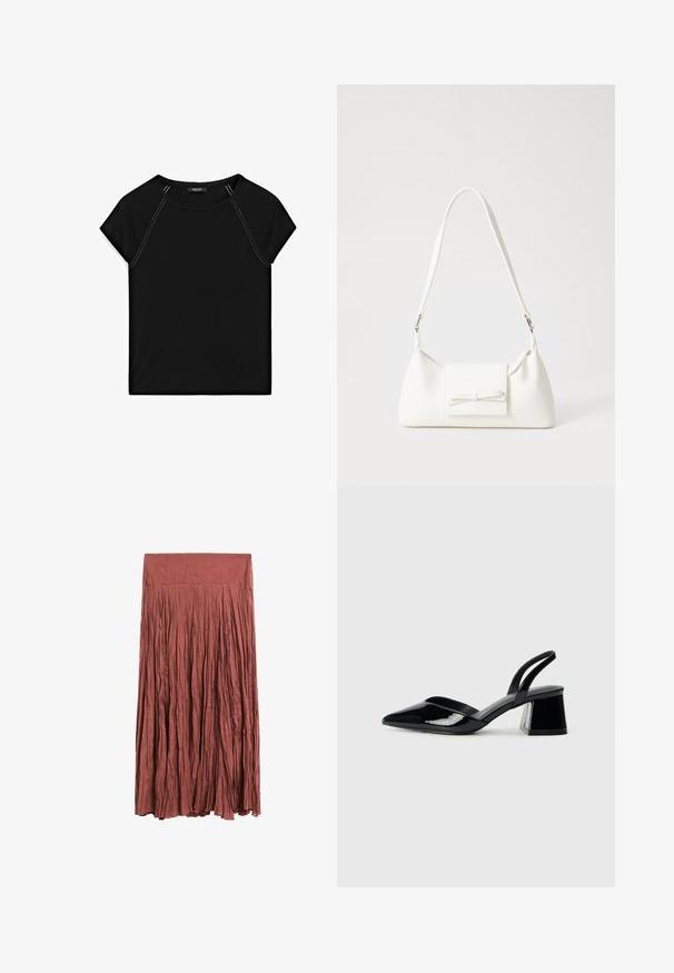 Black short-sleeve top featuring a round neckline and contrast white stitching along the shoulders and sides. Soft, smooth fabric.; Rust-colored, long, pleated skirt made of lightweight fabric. Features a smooth waistband and vertical texture throughout.; Black patent leather slingback heels with a pointed toe and a geometric block heel. Features a sleek, minimal design and smooth texture.; White synthetic handbag with a triangular shape, flat front flap and bow detail, adjustable strap, smooth texture, and minimalistic design.