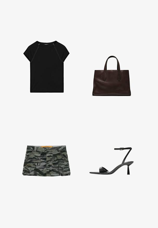 Czarny top z krótkim rękawem z okrągłym dekoltem i kontrastowym białym szyciem wzdłuż ramion i boków. Miękka, gładka tkanina.; Spodenki w kamuflażu w odcieniach szarości i zieleni, z zapięciem na guzik, bocznymi kieszeniami oraz metką marki na udzie.; Bershka - Sandały na obcasie; Brązowa skórzana torba tote z dwoma wydłużonymi uchwytami, usztywnionym prostokątnym kształtem, gładką teksturą i subtelnymi detalami przeszycia.