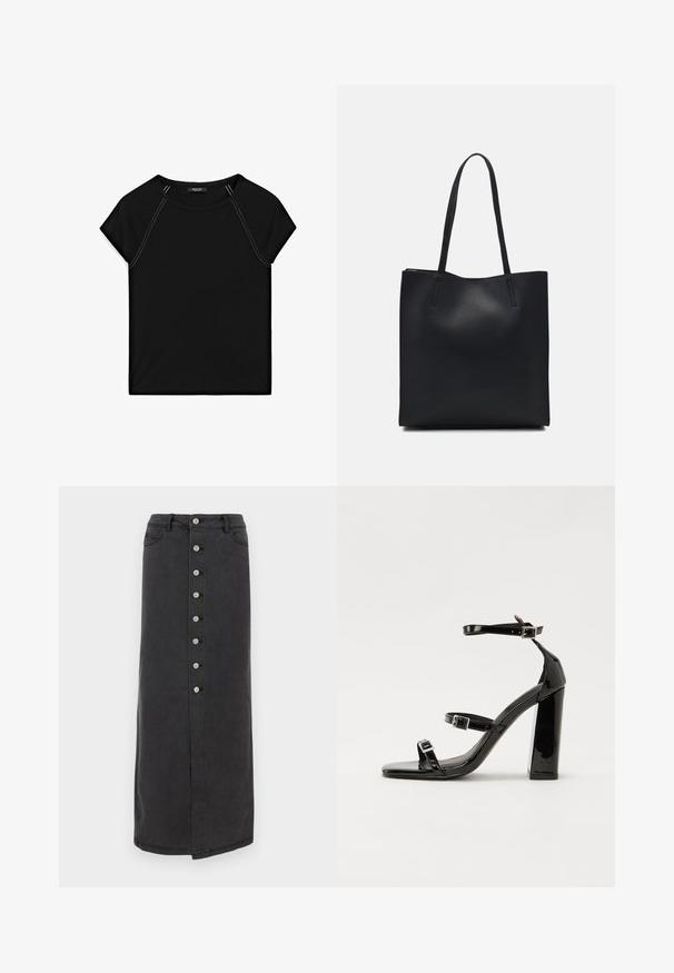 Top nero a maniche corte con scollatura rotonda e cuciture bianche in contrasto lungo le spalle e i lati. Tessuto morbido e liscio.; Gonna lunga in denim nero con chiusura a bottoni frontale, passanti per la cintura e tasche laterali. Texture liscia con silhouette dritta e leggera fessura.; Sandali con tacco in vernice nera, con punta squadrata, cinturini alla caviglia e fibbie in argento. Presentano un tacco a blocco spesso per maggiore stabilità.; Borsa tote in pelle nera con texture liscia, forma rettangolare e due manici lunghi. Nessun hardware o decorazione visibile.
