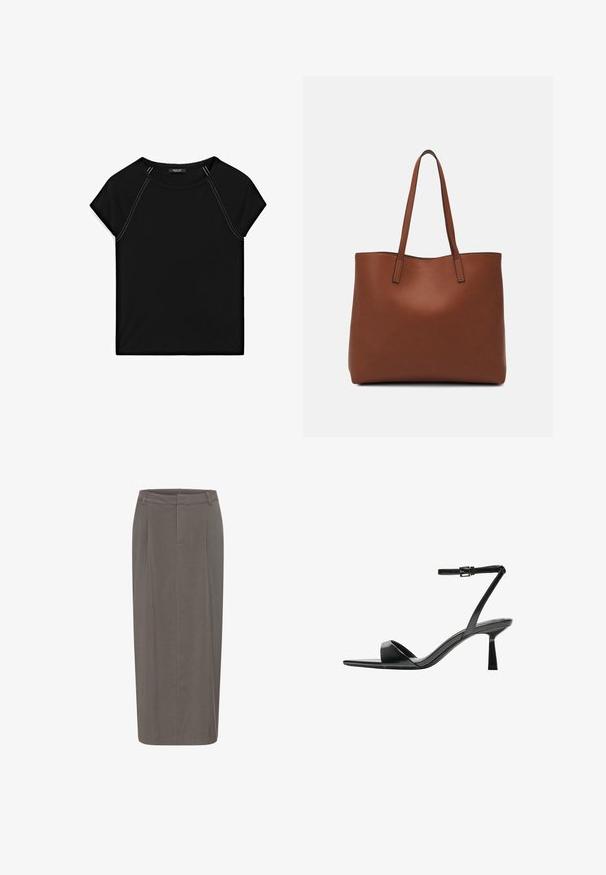 Top nero a maniche corte con scollatura rotonda e cuciture bianche in contrasto lungo le spalle e i lati. Tessuto morbido e liscio.; Gonna a matita grigia con silhouette dritta, caratterizzata da pieghe frontali, una vita e una texture liscia. Senza chiusure o tasche visibili.; Bershka Sandali con tacco - black; Borsa tote in pelle marrone con texture liscia, design con apertura superiore e due spallacci. Presenta cuciture minime e nessun hardware visibile.