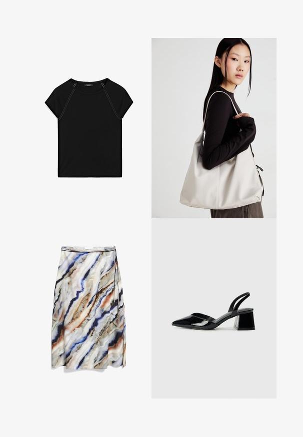 T-shirt noir à manches courtes avec un col rond et des coutures blanches contrastantes le long des épaules et des côtés. Tissu doux et lisse.; Une jupe longueur genou à la coupe fluide, arborant un motif marbré multicolore dans des tons de bleu, marron et crème. Elle est dotée d'un mince lien à la taille.; Escarpins en cuir verni noir avec bout pointu et talon bloc géométrique. Présente un design élégant et minimaliste ainsi qu'une texture lisse.; Sac à main beige en matériau souple, avec un design décontracté, des détails cousus et deux poignées. Idéal pour un usage quotidien.